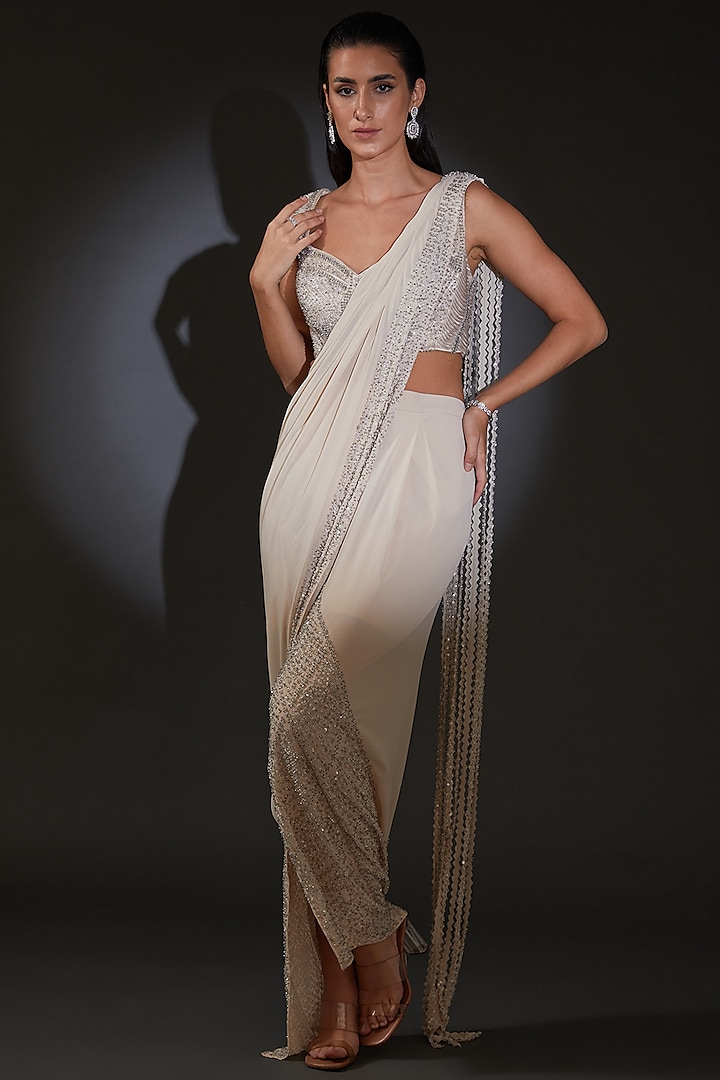 Ivory Tulle Embroidered Draped Saree Set by Rohit Gandhi & Rahul Khanna