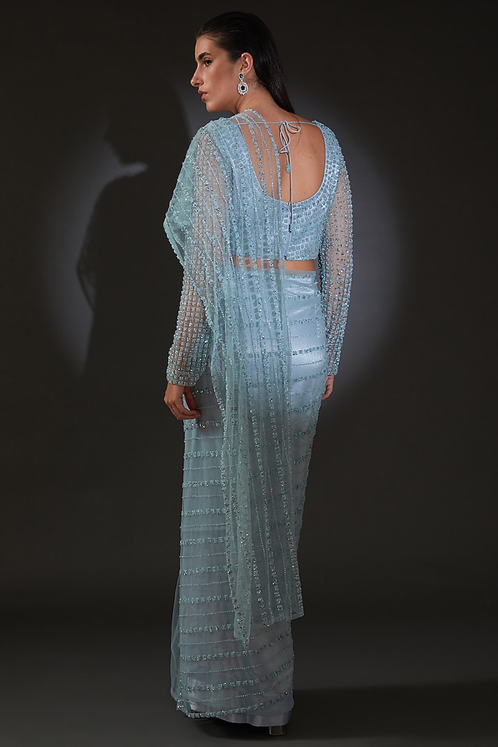 Mineral Blue Tulle Embroidered Draped Bridal Saree Set by Rohit Gandhi & Rahul Khanna at Pernia's Pop Up Shop