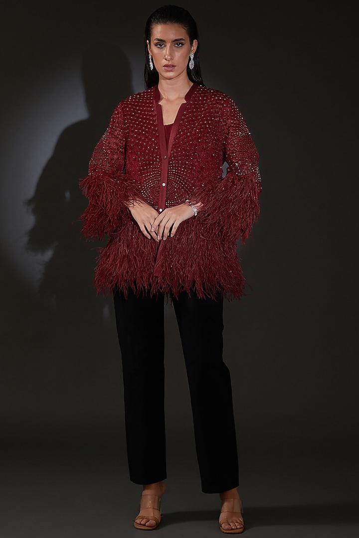Burgundy Poly Organza Feather Jacket by Rohit Gandhi & Rahul Khanna at Pernia's Pop Up Shop