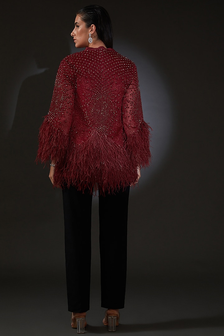Burgundy Poly Organza Feather Jacket by Rohit Gandhi & Rahul Khanna at Pernia's Pop Up Shop