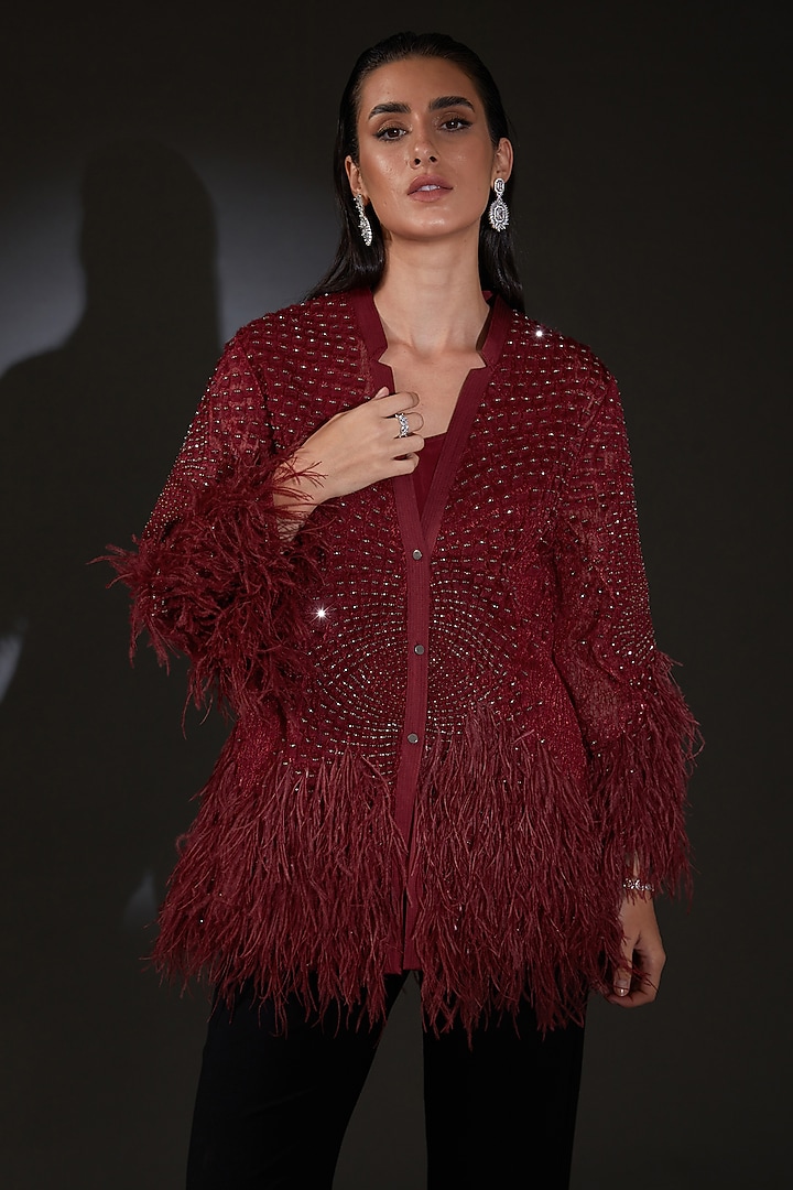 Burgundy Poly Organza Feather Jacket by Rohit Gandhi & Rahul Khanna at Pernia's Pop Up Shop