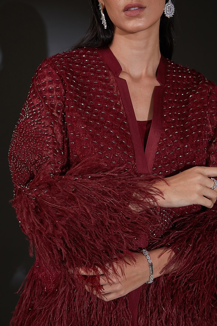 Burgundy Poly Organza Feather Jacket by Rohit Gandhi & Rahul Khanna at Pernia's Pop Up Shop