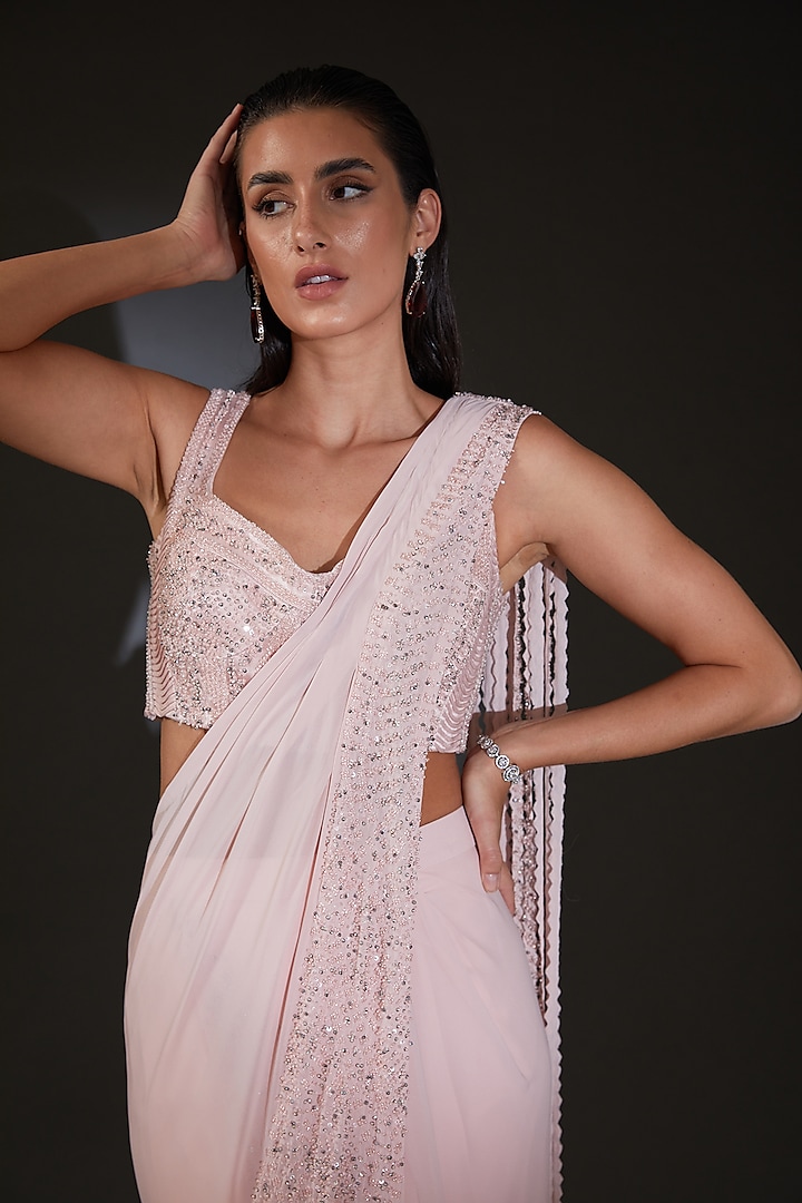Nude Pink Viscose Embroidered Draped Bridal Saree Set by Rohit Gandhi & Rahul Khanna at Pernia's Pop Up Shop