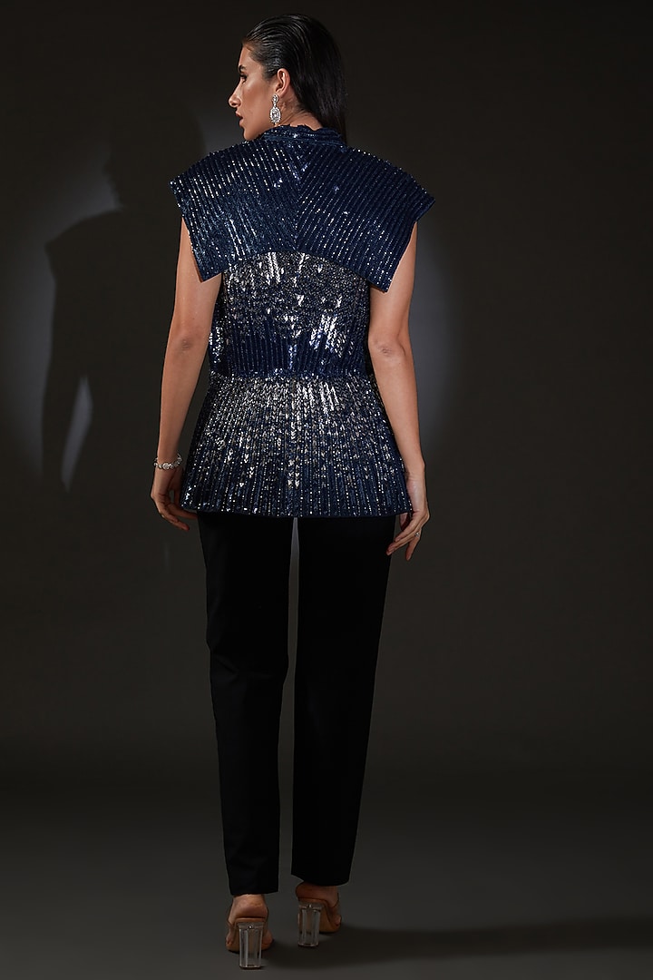 Dark Navy Ombre Georgette Sequins Embellished Jacket by Rohit Gandhi & Rahul Khanna at Pernia's Pop Up Shop