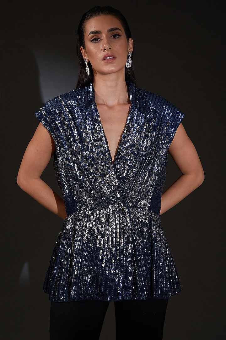 Dark Navy Ombre Georgette Sequins Embellished Jacket by Rohit Gandhi & Rahul Khanna at Pernia's Pop Up Shop
