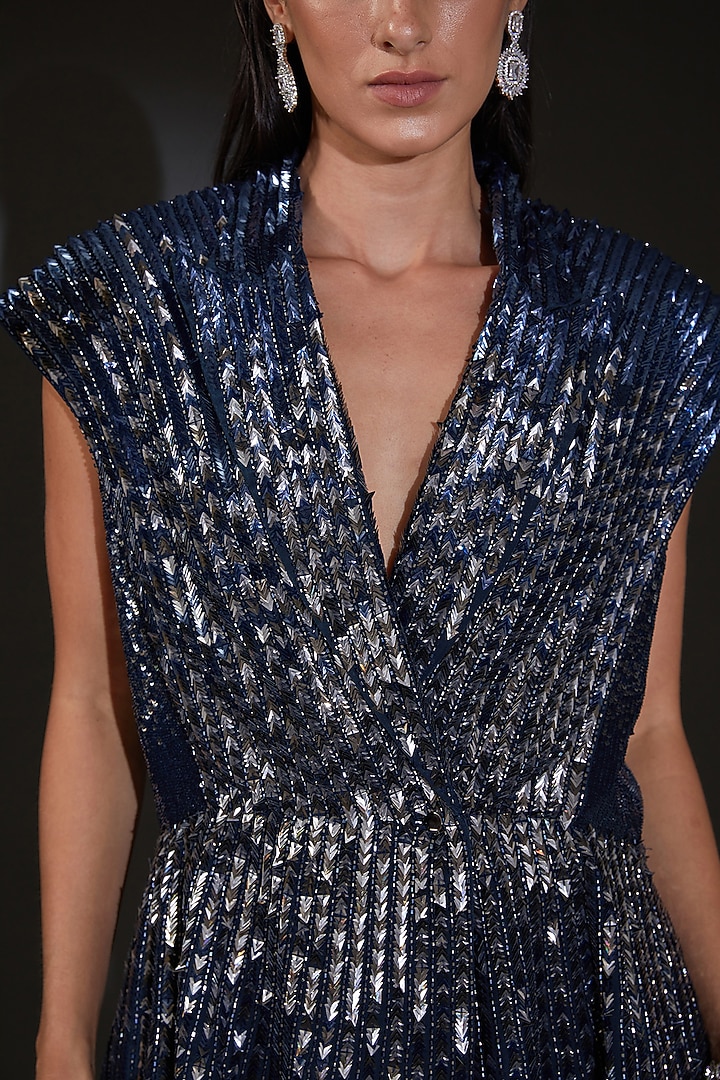 Dark Navy Ombre Georgette Sequins Embellished Jacket by Rohit Gandhi & Rahul Khanna at Pernia's Pop Up Shop