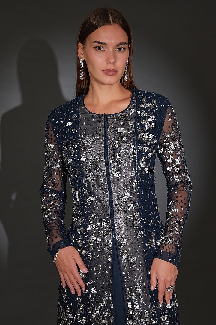 Navy Blue Nylon Polyester Embellished Jacket by Rohit Gandhi & Rahul Khanna at Pernia's Pop Up Shop
