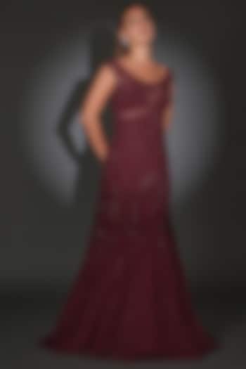 Maroon Tulle Embellished Gown by Rohit Gandhi & Rahul Khanna