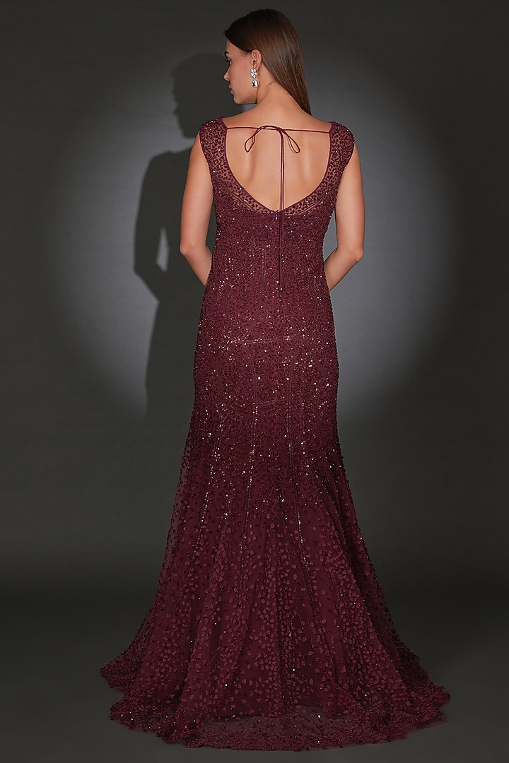 Maroon Tulle Embellished Bridal Gown by Rohit Gandhi & Rahul Khanna at Pernia's Pop Up Shop