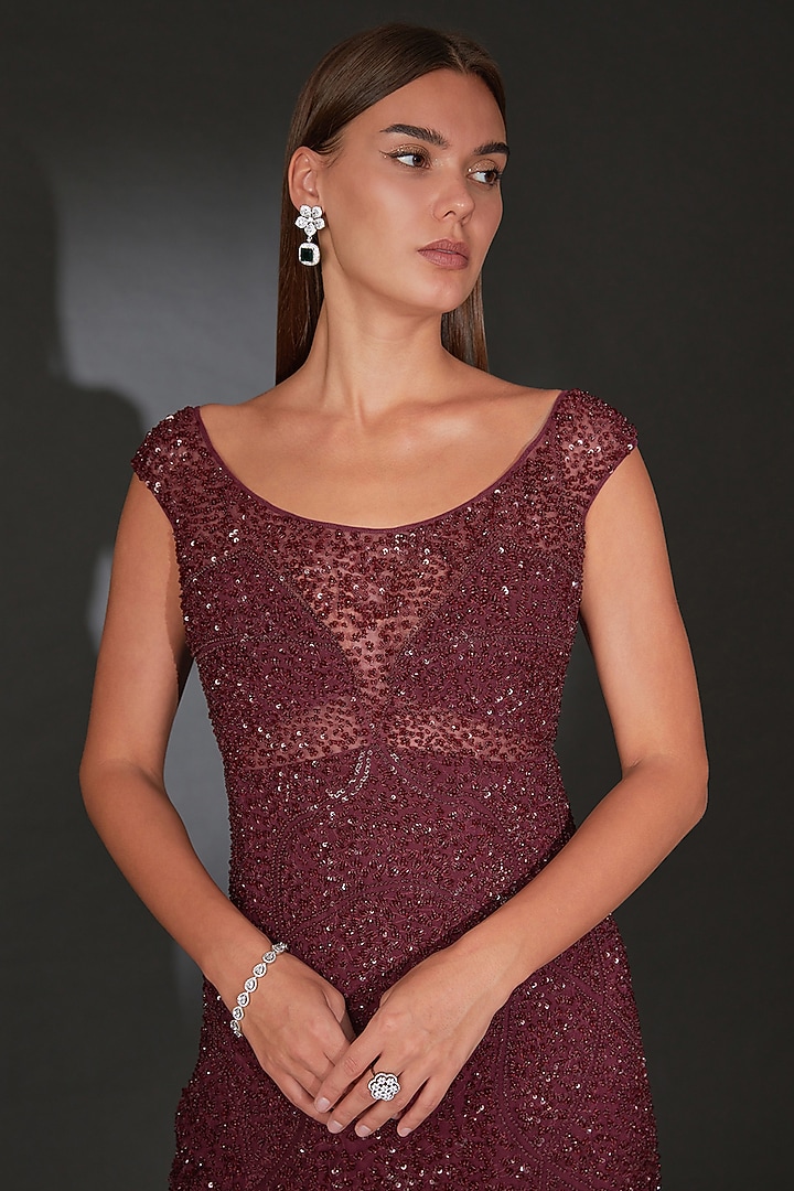 Maroon Tulle Embellished Bridal Gown by Rohit Gandhi & Rahul Khanna at Pernia's Pop Up Shop