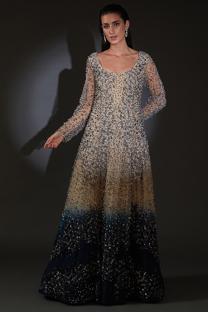 Beige & Galaxy Blue Ombre Tulle Sequins Embroidered Bridal Gown by Rohit Gandhi & Rahul Khanna at Pernia's Pop Up Shop