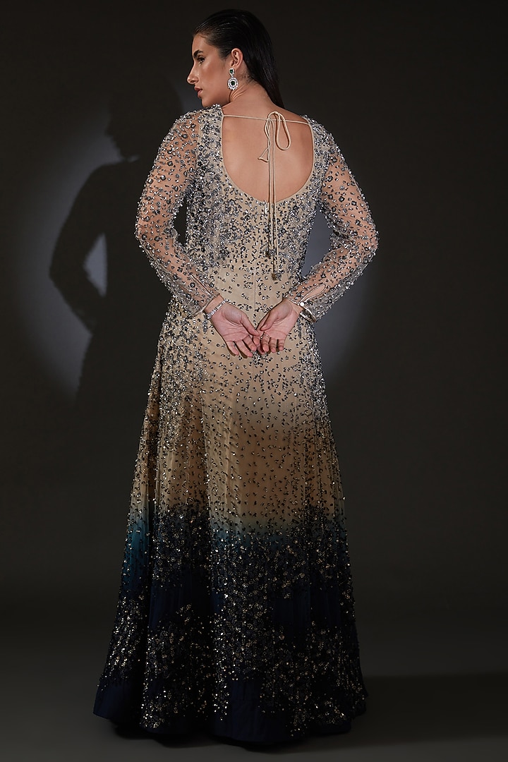 Beige & Galaxy Blue Ombre Tulle Sequins Embroidered Bridal Gown by Rohit Gandhi & Rahul Khanna at Pernia's Pop Up Shop