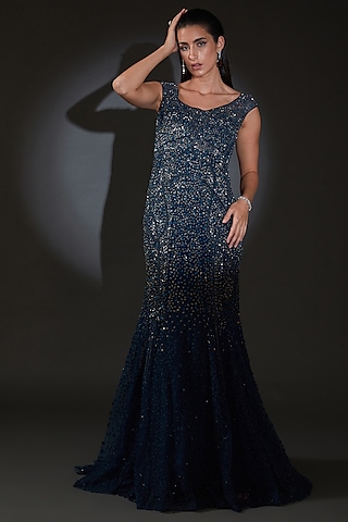 Galaxy Blue Tulle Sequins Embellished Gown by Rohit Gandhi & Rahul Khanna