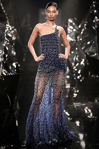 Pacific Blue Tulle & Silk Embroidered Skirt Set by Rohit Gandhi & Rahul Khanna