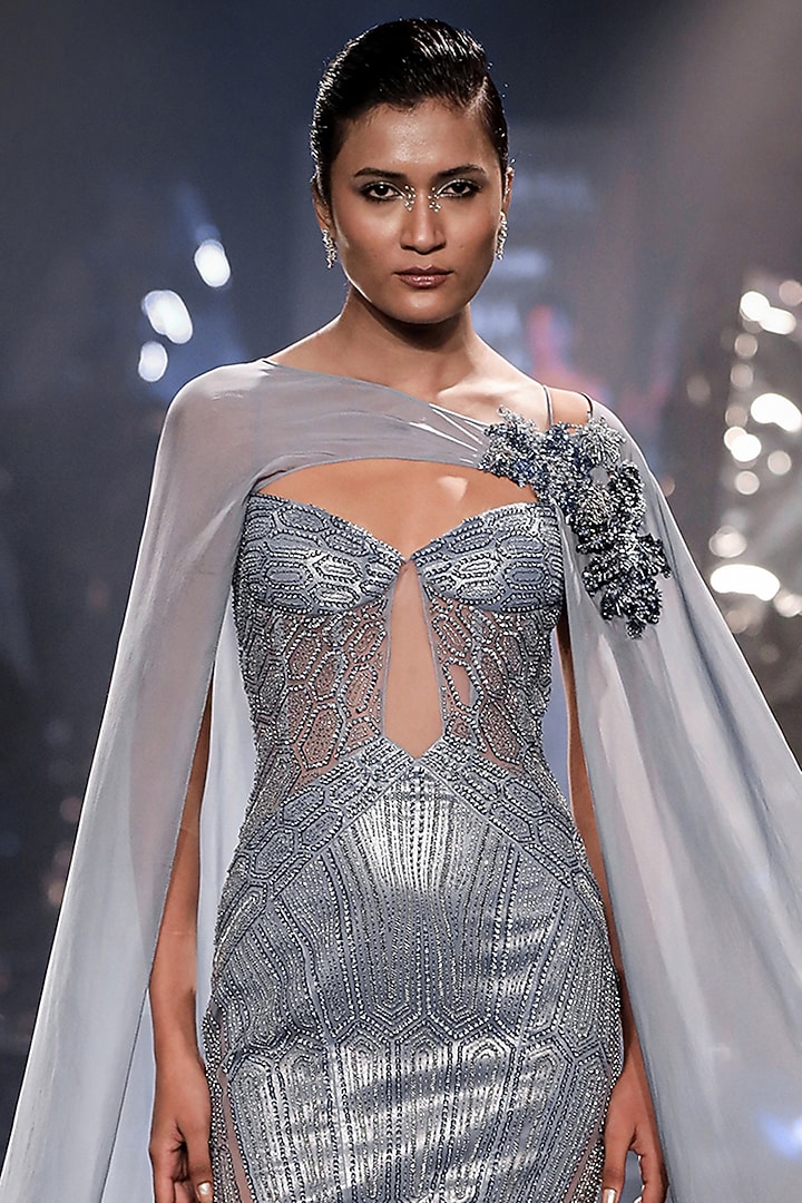 Cloud Blue Tulle Crystal Embroidered Mermaid Bridal Gown by Rohit Gandhi & Rahul Khanna at Pernia's Pop Up Shop