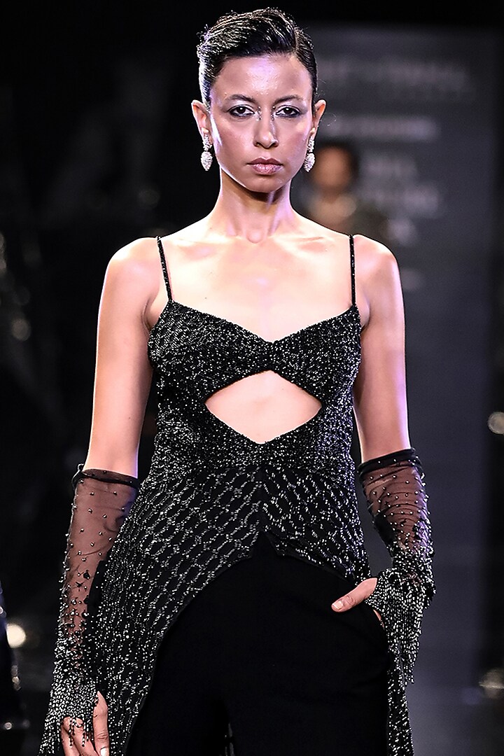 Black Tulle Cut- Beads Embellished Jacket by Rohit Gandhi & Rahul Khanna at Pernia's Pop Up Shop