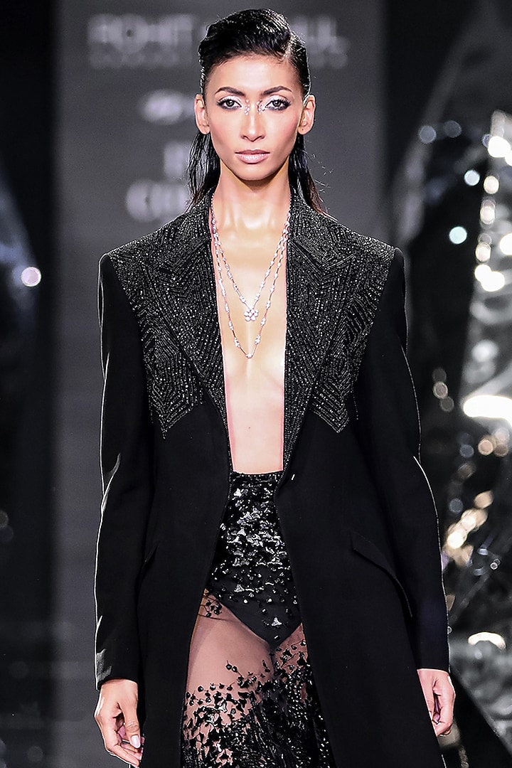 Black Crepe Wool Gugle Pipes Embroidered Jacket by Rohit Gandhi & Rahul Khanna at Pernia's Pop Up Shop