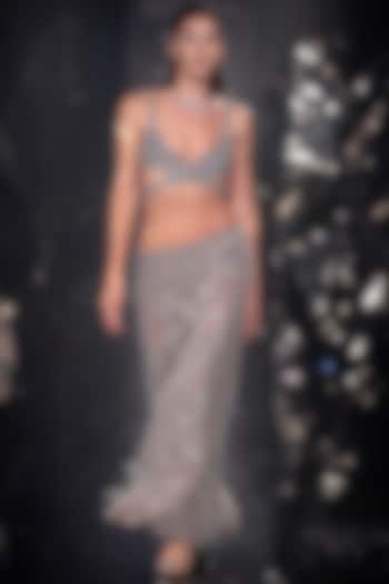 Rose Steel Silk Tulle Hand Embroidered Skirt Set by Rohit Gandhi & Rahul Khanna at Pernia's Pop Up Shop