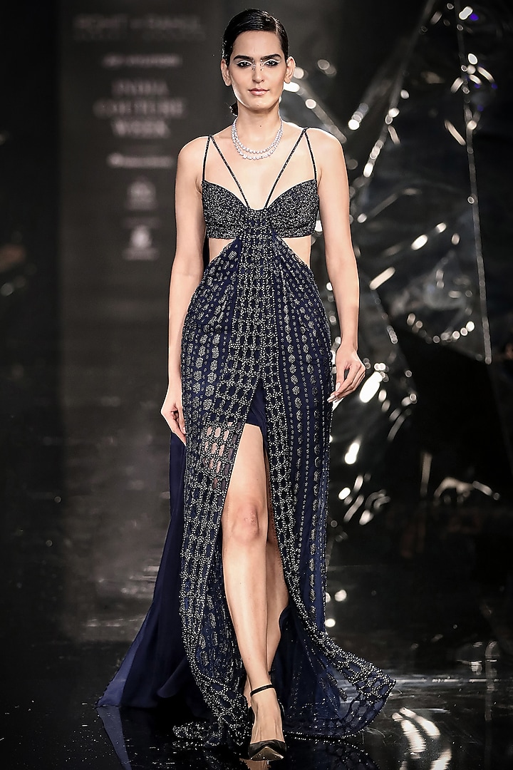 Pacific Blue Silk Chiffon Cut-Out Bridal Gown Saree by Rohit Gandhi & Rahul Khanna at Pernia's Pop Up Shop