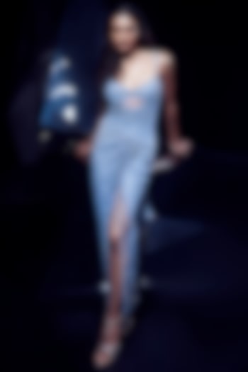 Aqua Blue Tulle Geometric Artwork Bridal Gown Saree by Rohit Gandhi & Rahul Khanna at Pernia's Pop Up Shop