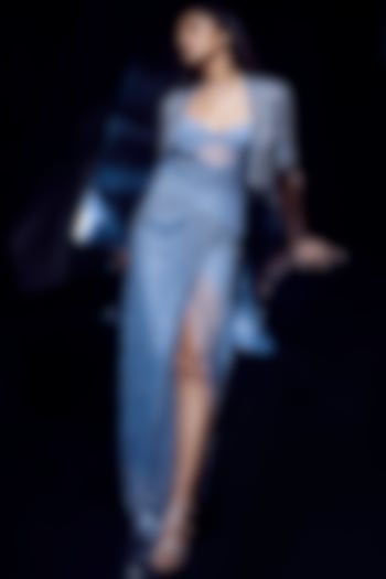 Aqua Blue Tulle Geometric Artwork Bridal Gown Saree With Cape by Rohit Gandhi & Rahul Khanna at Pernia's Pop Up Shop