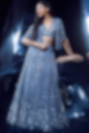 Cloud Blue Tulle Artwork Jacket Bridal Lehenga Set by Rohit Gandhi & Rahul Khanna at Pernia's Pop Up Shop