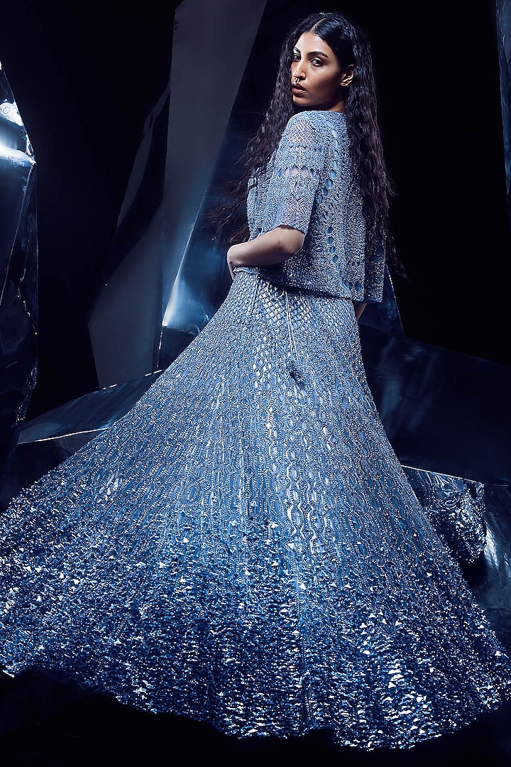 Cloud Blue Tulle Artwork Jacket Bridal Lehenga Set by Rohit Gandhi & Rahul Khanna at Pernia's Pop Up Shop