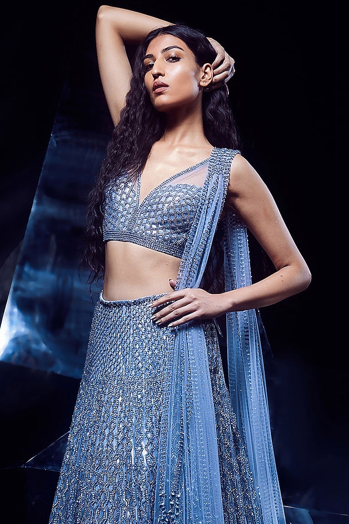 Cloud Blue Tulle Artwork Bridal Lehenga Set by Rohit Gandhi & Rahul Khanna at Pernia's Pop Up Shop