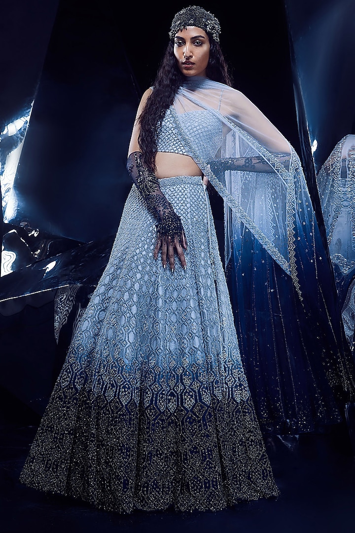 French Navy Ombre Tulle Crystal Beaded Embellished Bridal Lehenga Set by Rohit Gandhi & Rahul Khanna at Pernia's Pop Up Shop