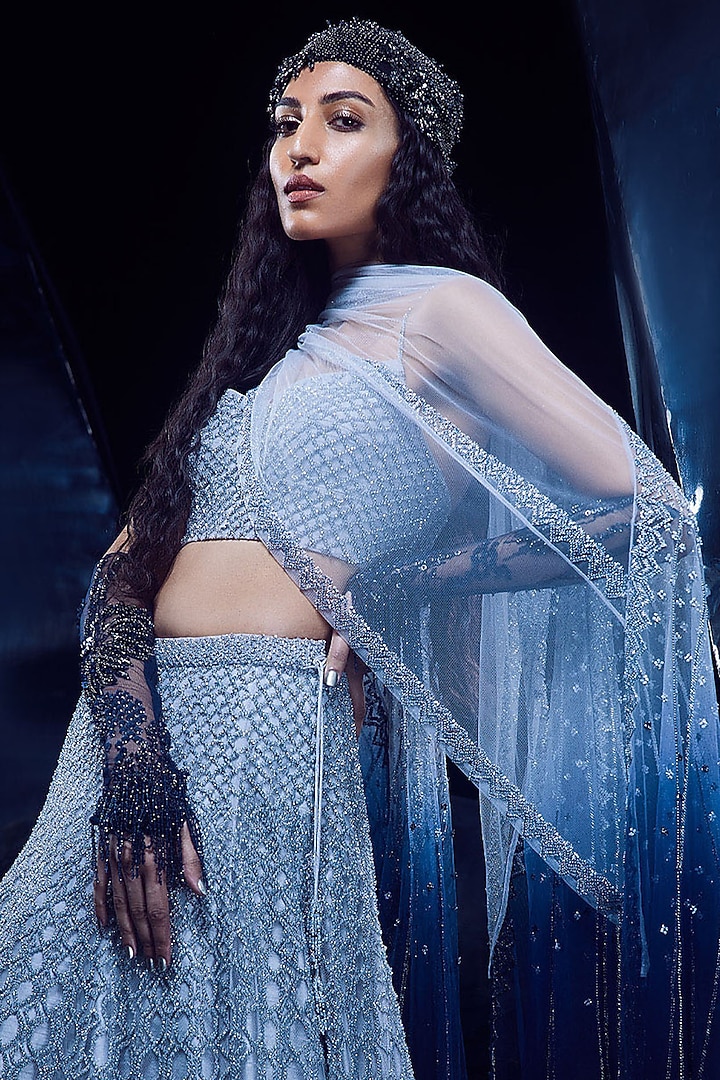 French Navy Ombre Tulle Crystal Beaded Embellished Bridal Lehenga Set by Rohit Gandhi & Rahul Khanna at Pernia's Pop Up Shop
