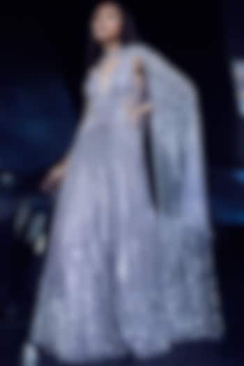 Rose Steel Tulle Artwork Tunic Bridal Gown With Cape by Rohit Gandhi & Rahul Khanna at Pernia's Pop Up Shop