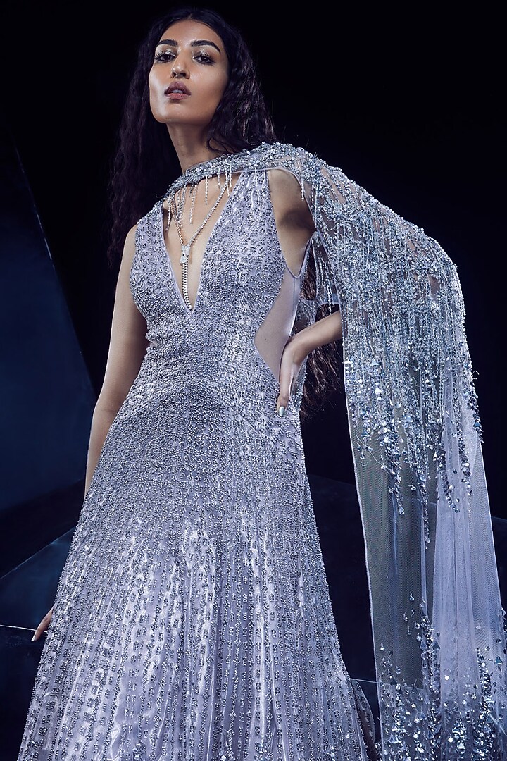 Rose Steel Tulle Artwork Tunic Bridal Gown With Cape by Rohit Gandhi & Rahul Khanna at Pernia's Pop Up Shop