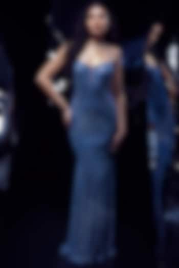 Slate Blue Tulle Crystal & Sequins Embroidered Fishtail Bridal Gown by Rohit Gandhi & Rahul Khanna at Pernia's Pop Up Shop