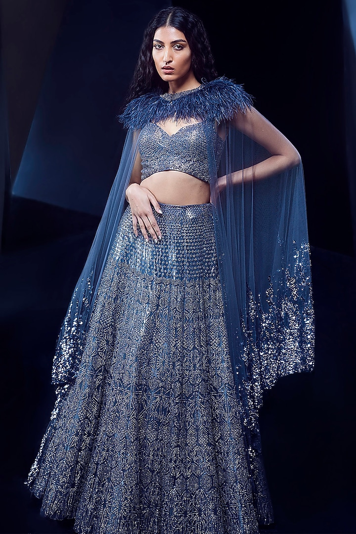 Steel Grey Tulle Crystal Bead Embellished Jacket Bridal Lehenga Set by Rohit Gandhi & Rahul Khanna at Pernia's Pop Up Shop