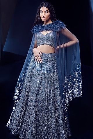 Steel Grey Tulle Crystal Bead Embellished Jacket Lehenga Set by Rohit Gandhi & Rahul Khanna