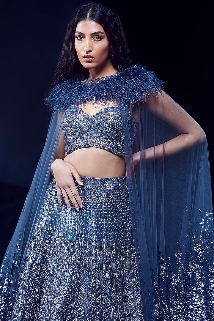 Steel Grey Tulle Crystal Bead Embellished Jacket Bridal Lehenga Set by Rohit Gandhi & Rahul Khanna at Pernia's Pop Up Shop