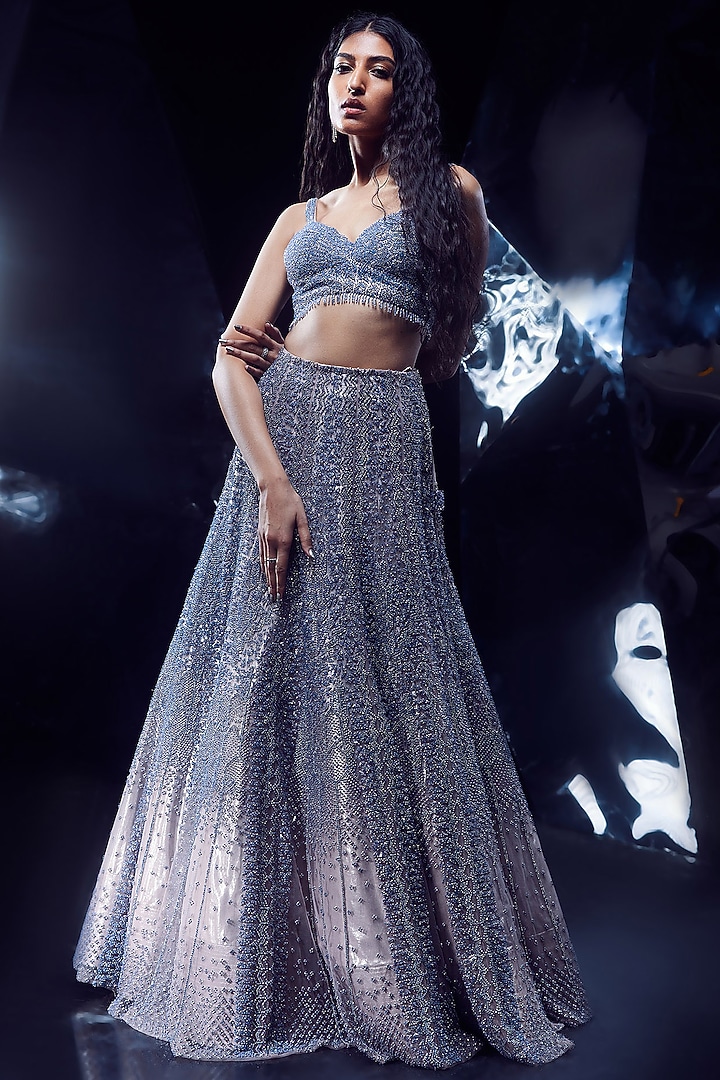 Sandstone Tulle Sequins & Crystal Bead Embellished Bridal Lehenga Set by Rohit Gandhi & Rahul Khanna at Pernia's Pop Up Shop