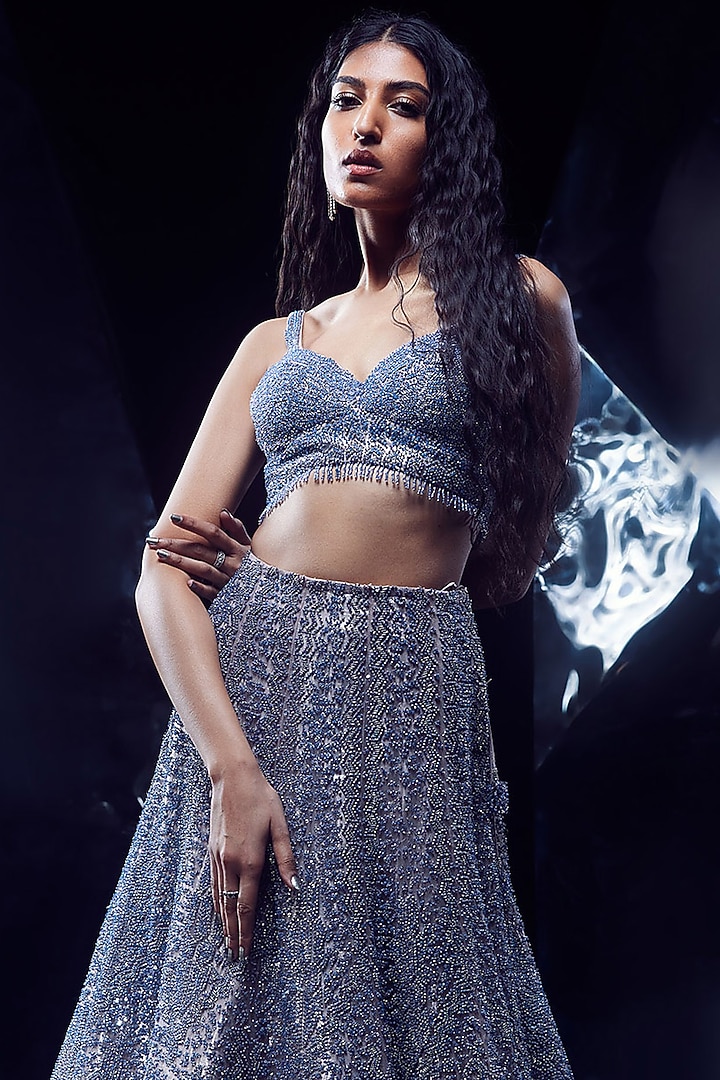 Sandstone Tulle Sequins & Crystal Bead Embellished Bridal Lehenga Set by Rohit Gandhi & Rahul Khanna at Pernia's Pop Up Shop