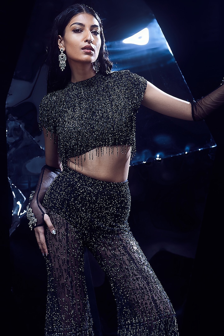 Black Silk Tulle Sequins Bridal Sharara Set by Rohit Gandhi & Rahul Khanna at Pernia's Pop Up Shop