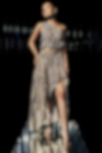 Mocha Mousse Tulle & Poly Organza Embroidered Asymmetric Skirt Set by Rohit Gandhi & Rahul Khanna at Pernia's Pop Up Shop