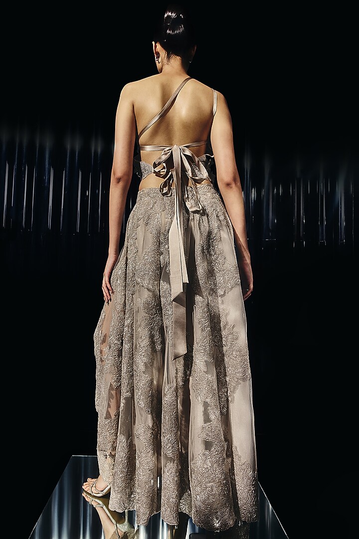 Mocha Mousse Tulle & Poly Organza Embroidered Asymmetric Skirt Set by Rohit Gandhi & Rahul Khanna at Pernia's Pop Up Shop