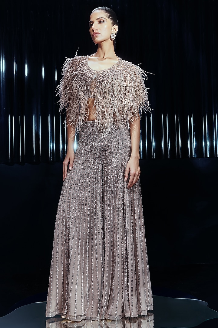 Vintage Rose Tulle Feather Embroidered Cape Set by Rohit Gandhi & Rahul Khanna at Pernia's Pop Up Shop