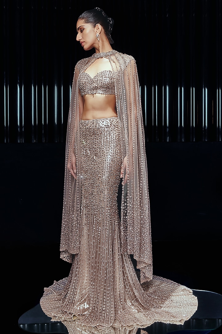 Vintage Rose Tulle & Lame Sequins Embellished Bridal Lehenga Set by Rohit Gandhi & Rahul Khanna at Pernia's Pop Up Shop