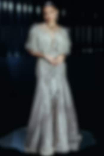 Silver Tulle & Lame Sequins Embellished Bridal Gown With Cape by Rohit Gandhi & Rahul Khanna at Pernia's Pop Up Shop