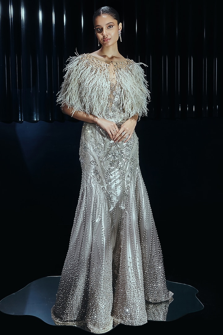 Silver Tulle & Lame Sequins Embellished Bridal Gown With Cape by Rohit Gandhi & Rahul Khanna at Pernia's Pop Up Shop