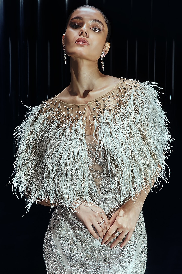 Silver Tulle & Lame Sequins Embellished Bridal Gown With Cape by Rohit Gandhi & Rahul Khanna at Pernia's Pop Up Shop