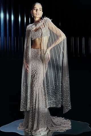 Khaki Colored Tulle Pearl Embellished Lehenga Set by Rohit Gandhi & Rahul Khanna