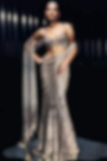 Sandstone Colored Tulle & Lame Sequins Embellished Bridal Saree Set by Rohit Gandhi & Rahul Khanna at Pernia's Pop Up Shop