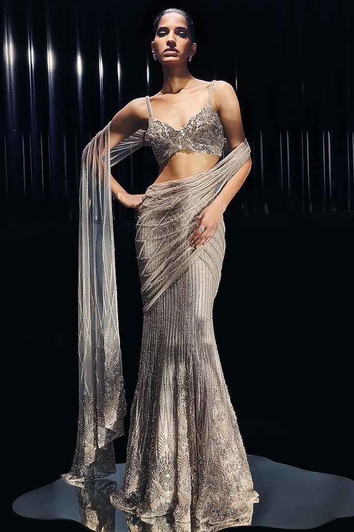 Sandstone Colored Tulle & Lame Sequins Embellished Bridal Saree Set by Rohit Gandhi & Rahul Khanna at Pernia's Pop Up Shop