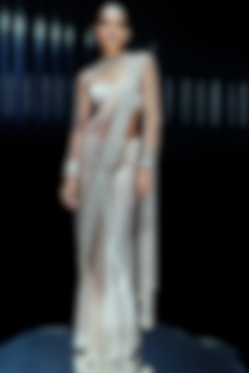 Silver Tulle & Mesh Bead Embellished Reception Saree Set by Rohit Gandhi & Rahul Khanna at Pernia's Pop Up Shop